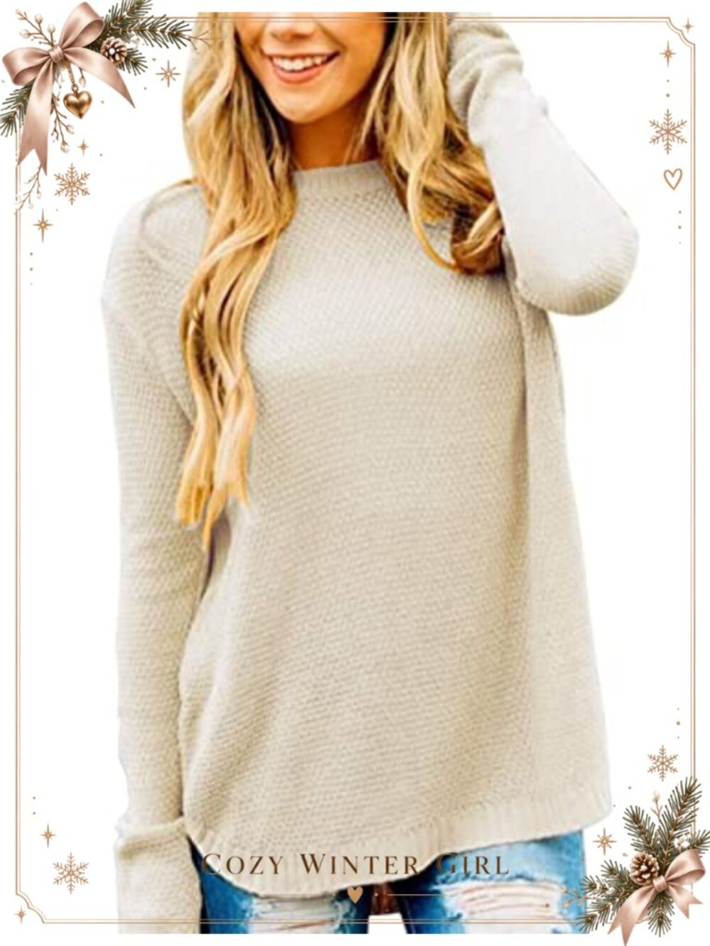 Acrylic Knit Crewneck Pullover Sweater Long Sleeve Loose Fit Casual